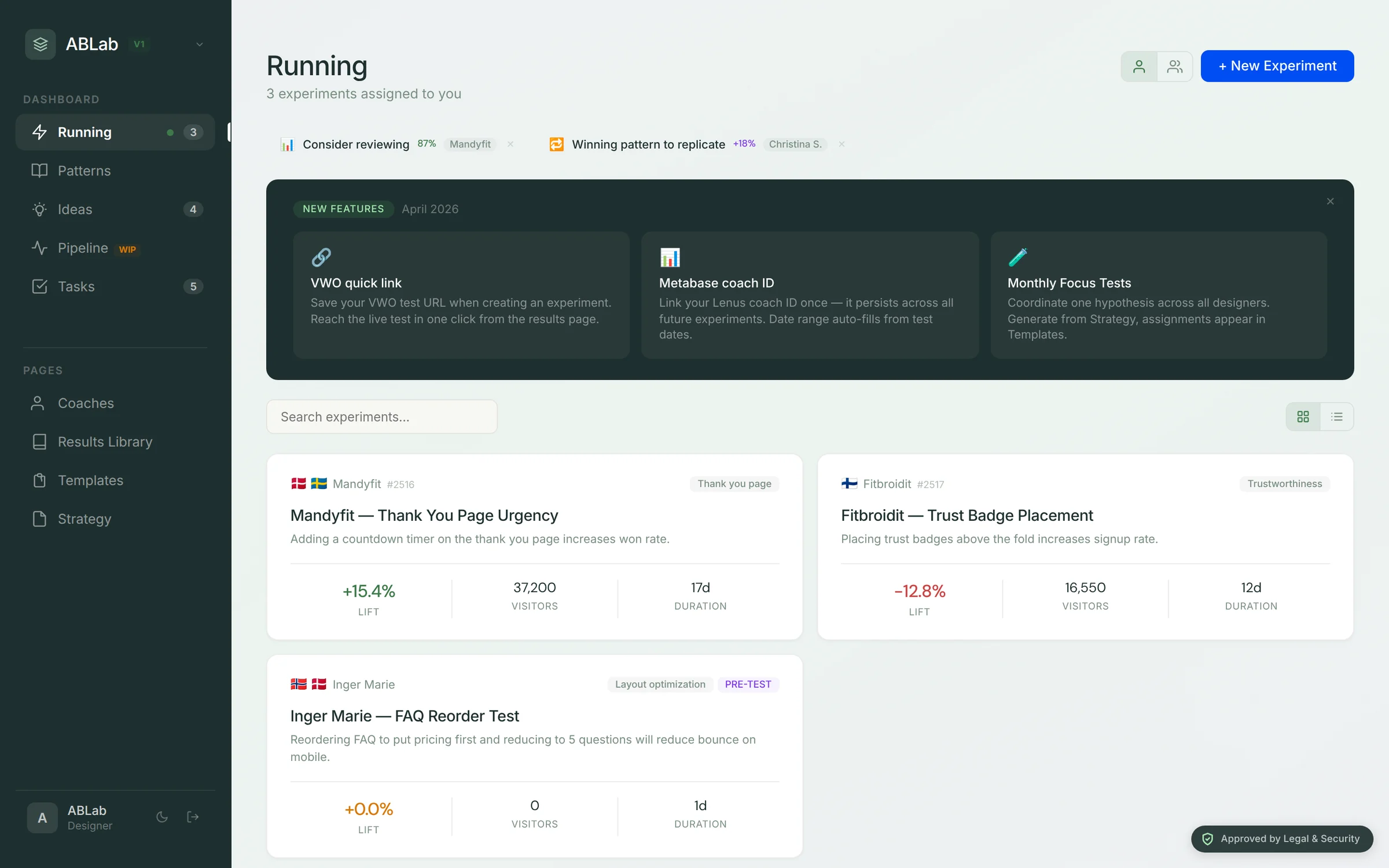 ABLab's Running tab: live tests listed with their Bayesian verdicts