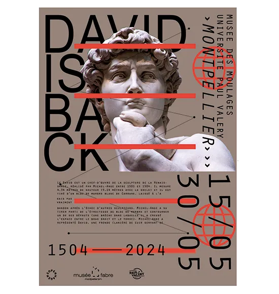 Poster: David is back, the statue of David with red redaction bars