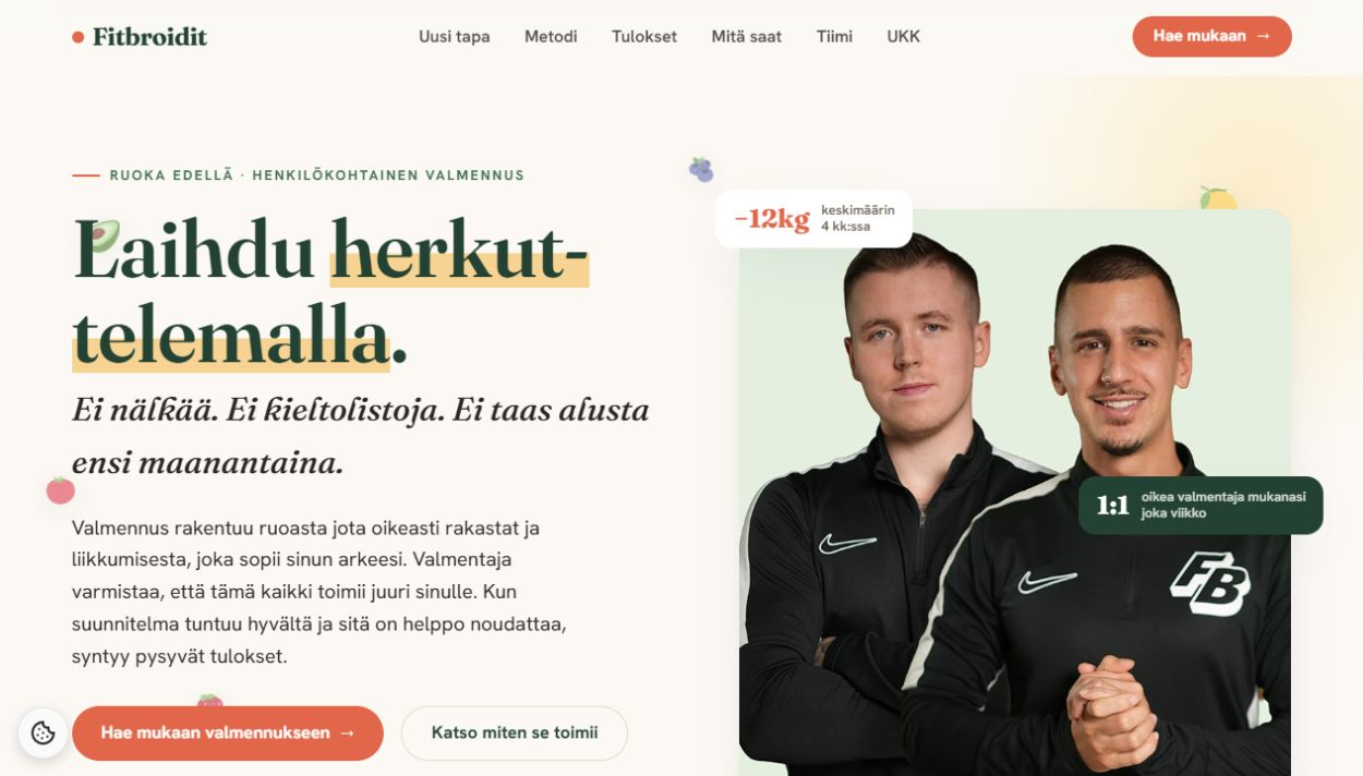 The tested Fitbroidit variant: a cream hero with a food-first promise and the two founders